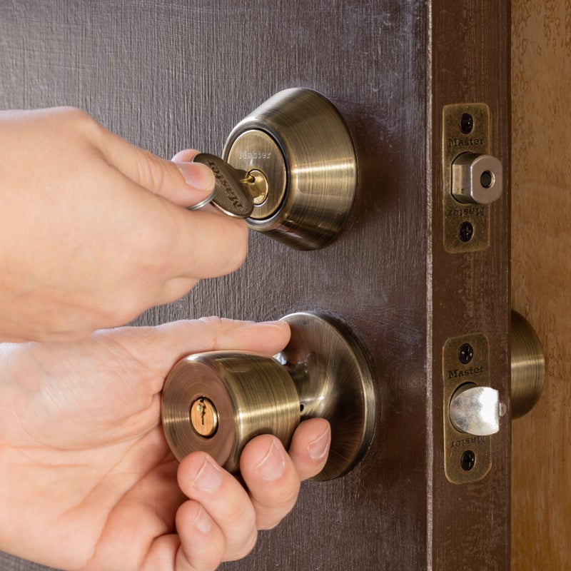 Master Lock Keyed Entry Door Lock, Single Cylinder Deadbolt with Matching Tulip Style Knob, Antique Brass, TUCO0605,Combo - Image 2